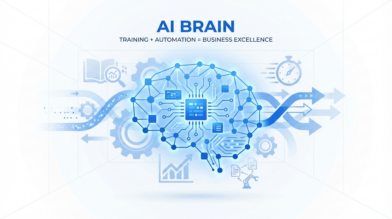 Digital AI brain with neural network connections and business automation elements